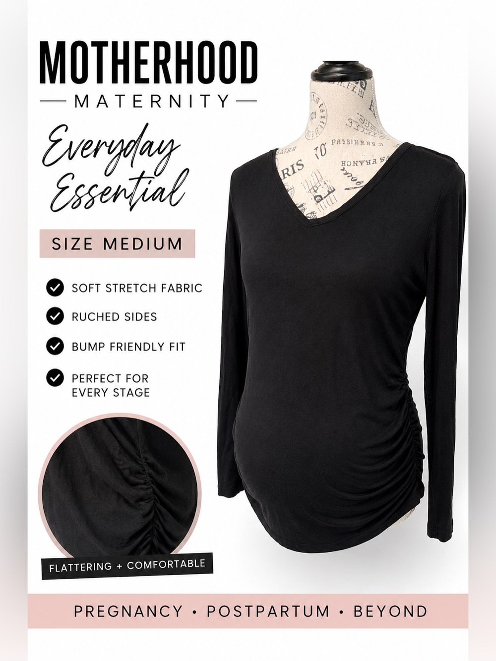 Motherhood Maternity Long Sleeve Ruched Side Top Black Size Medium - Picture 1 of 6